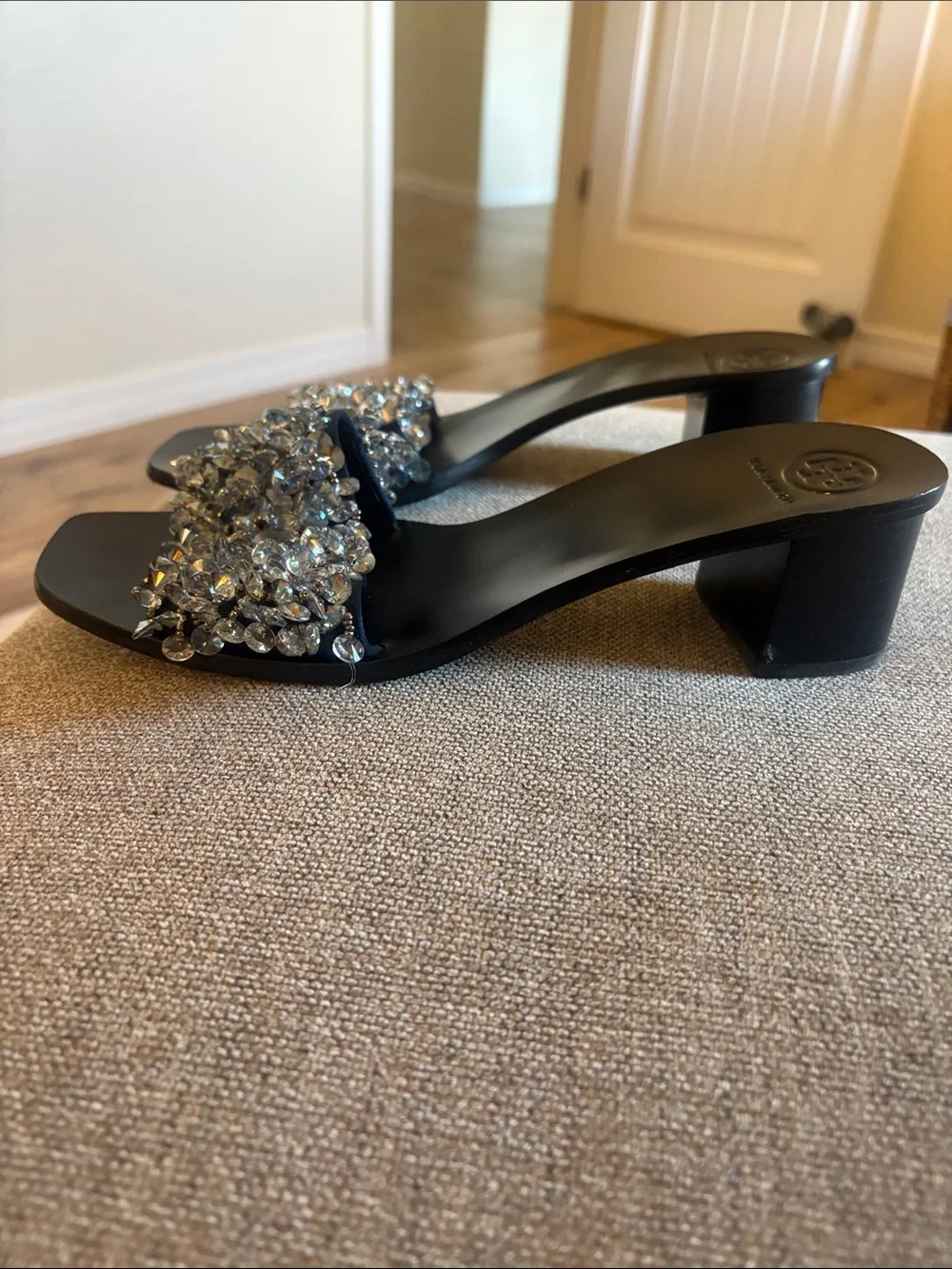 Tory Burch Black Crystal-Embellished Slide Mules